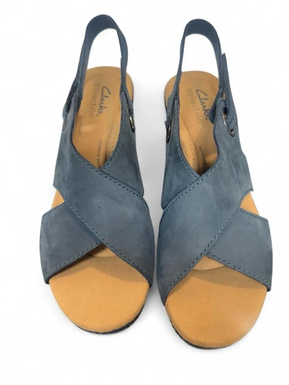 Clark’s Ultimate Comfort Giselle Dove Navy Nubuck Cork Wedge Sandals. NWOT!